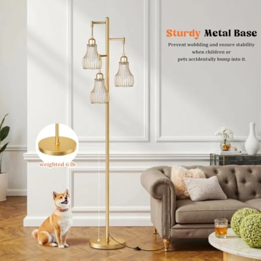 Dimmable Gold Floor Lamps for Living Room, Farmhouse Tree Standing Tall Lamp with Remote Control 3 Elegant Cage Shade LED Bulbs