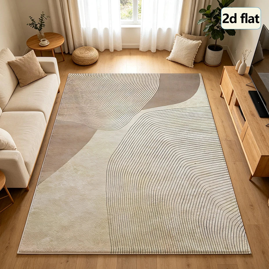 Neutral Beige Abstract Line Carpet Flooring, Mid-Century Curved Contour Geometric Area Rug Non-Slip Floor Mat for Living Room Apartment Home Decoration