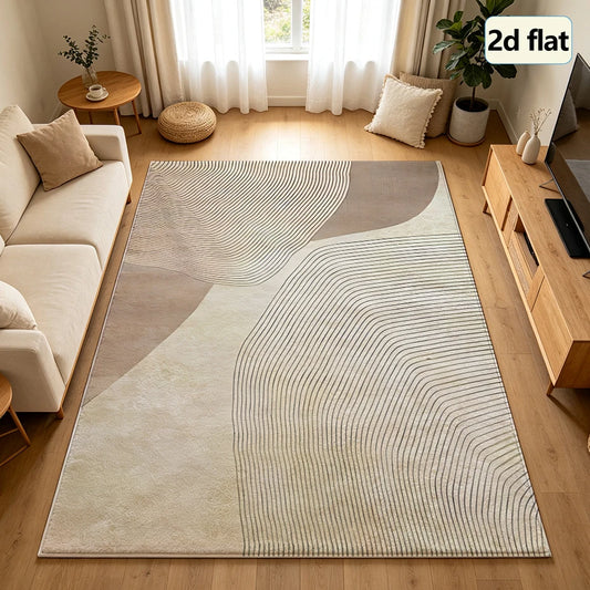 Neutral Beige Abstract Line Carpet Flooring, Mid-Century Curved Contour Geometric Area Rug Non-Slip Floor Mat for Living Room Apartment Home Decoration