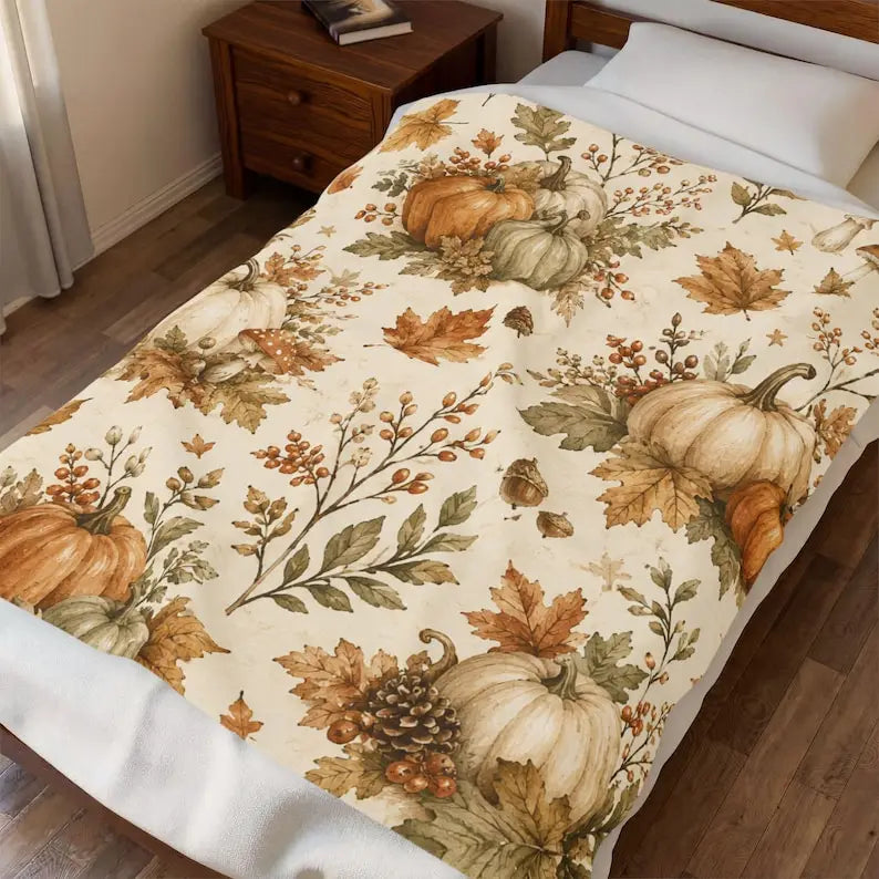 Autumn Pumpkins Velveteen Plush Blanket |   Fall Leaves Acorns Cozy Throw