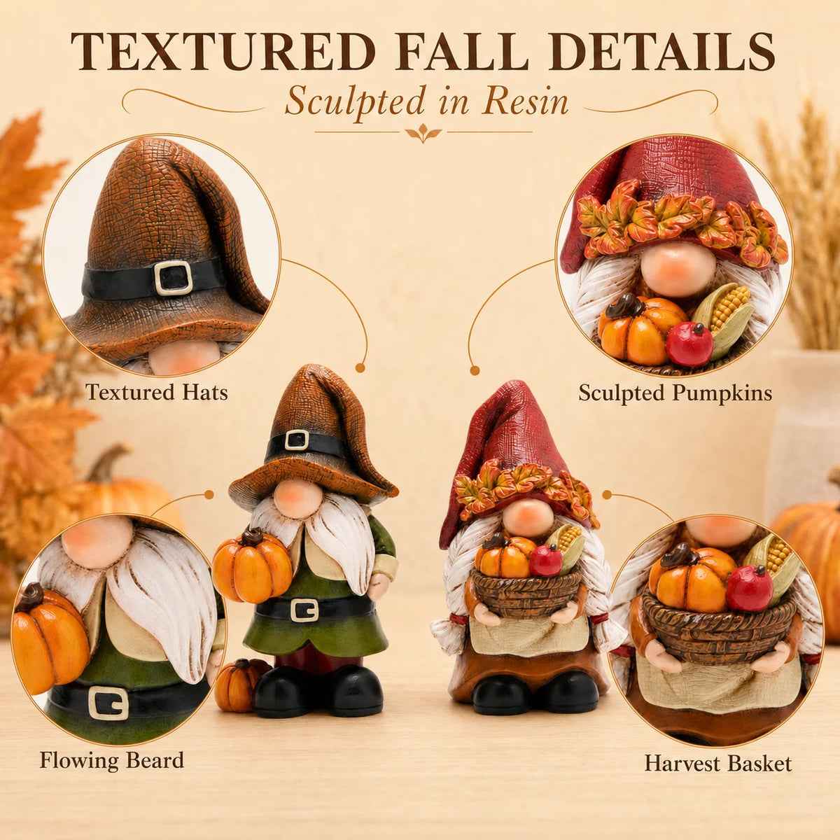 Hodao Resin Fall Gnome Figurine Set, 2-Piece Thanksgiving Gnome Figure Model with Pumpkin, Harvest Basket, Autumn Leaves and White Beard, Collectible Tabletop Shelf Sitter Decor for Fireplace Mantel Tiered Tray Home Display,