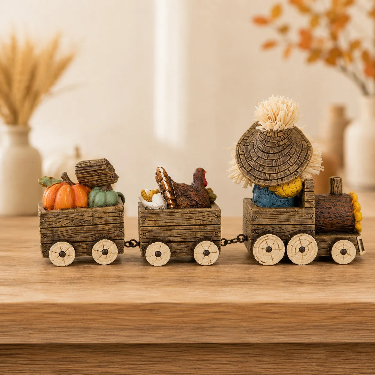 Hodao Scarecrow Resin Fall Harvest Train Figurine, Locomotive with Turkey Pumpkin Sunflower Wagons, Thanksgiving Tabletop Decoration, Rustic Autumn Farmhouse Shelf Sitter Ornament for Mantel, Home, Patio and Seasonal Holiday