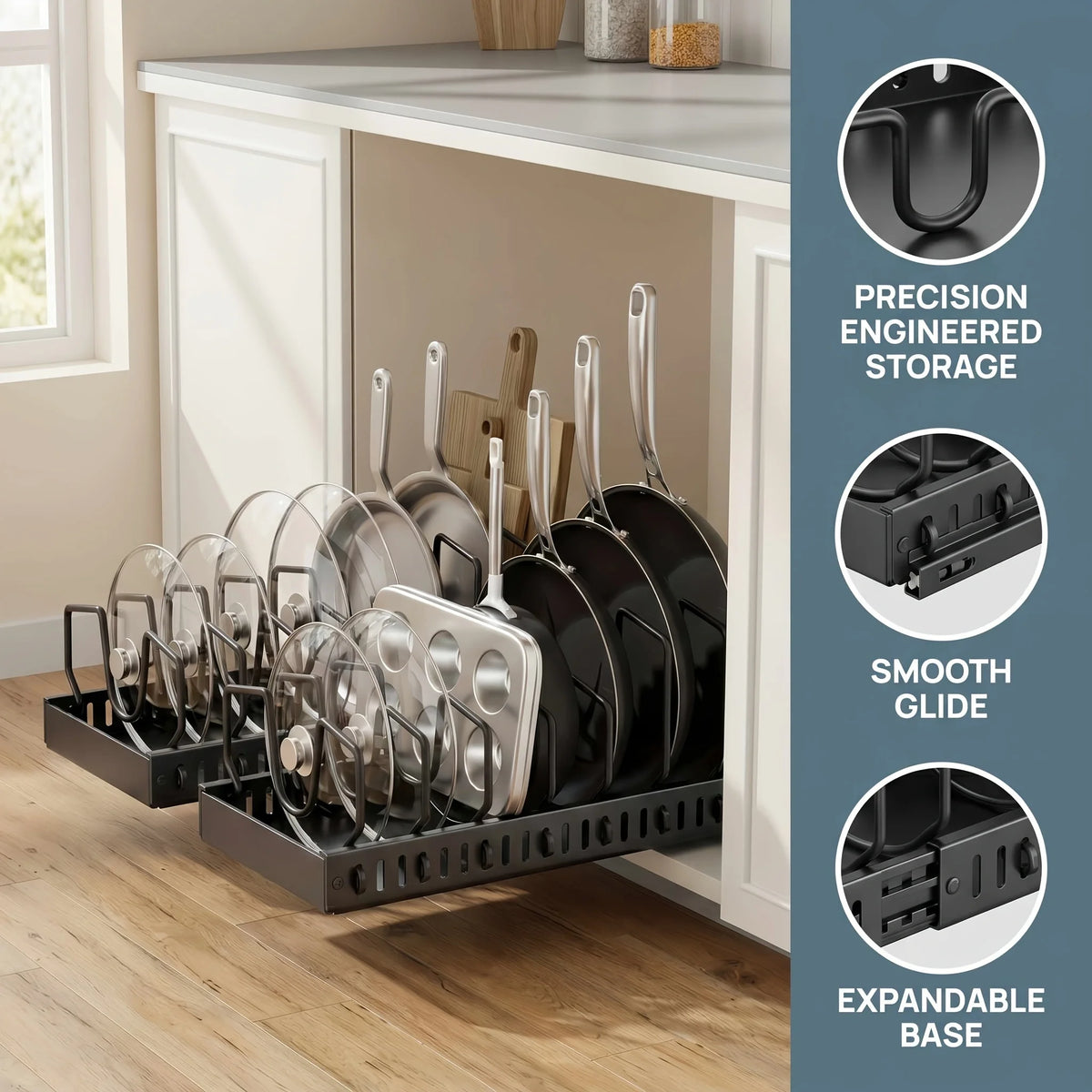 Adjustable Pull out Cabinet Storage Organizer Sliding Pot Lid Pan Rack for Kitchen - Dividers for Lids Bakeware & Plates
