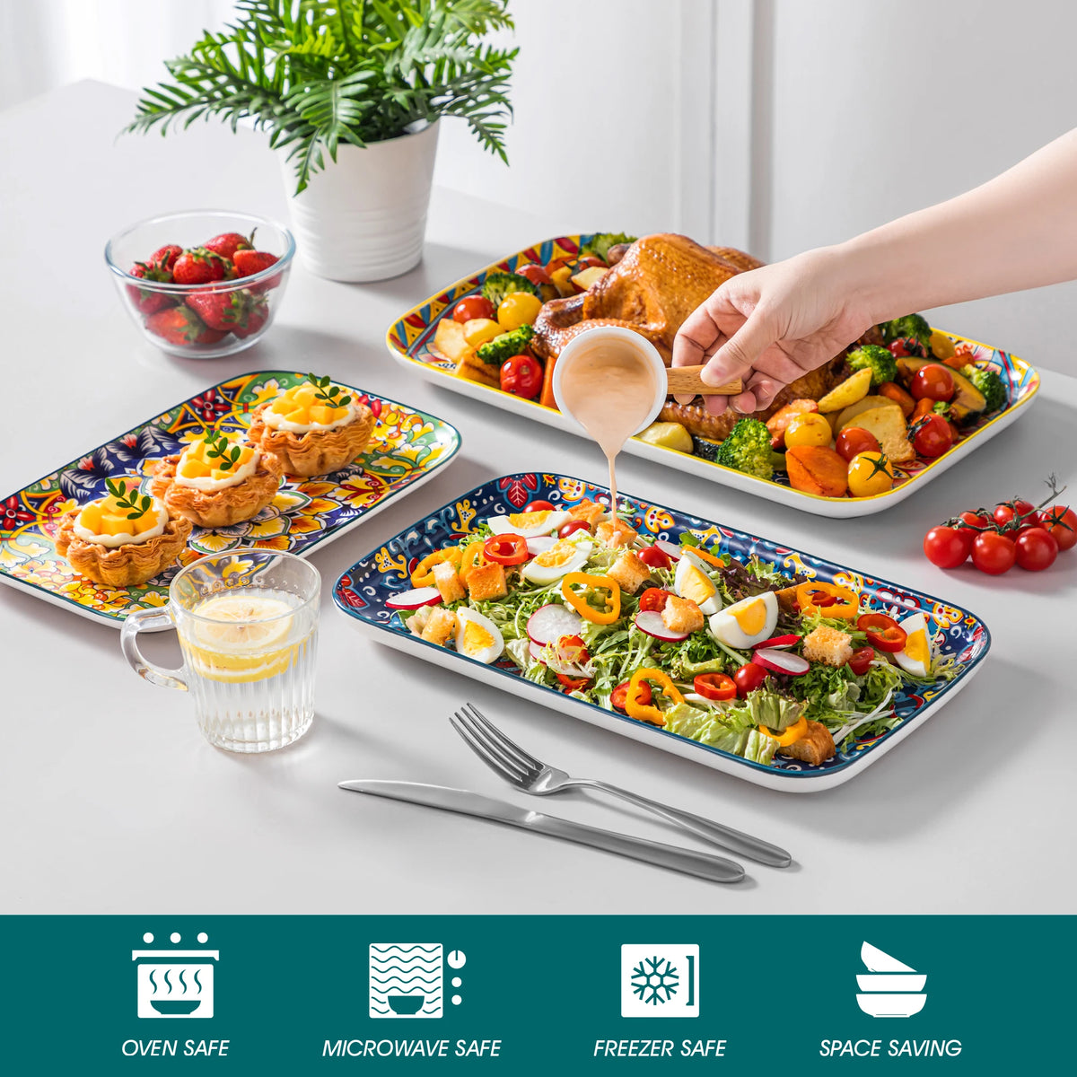 Vancasso 3/6 Piece Long Plate Ceramic Salad Plates Set 3 Size Rectangular Dessert Plates for Cake/Salad/Appetizer Oven Safe