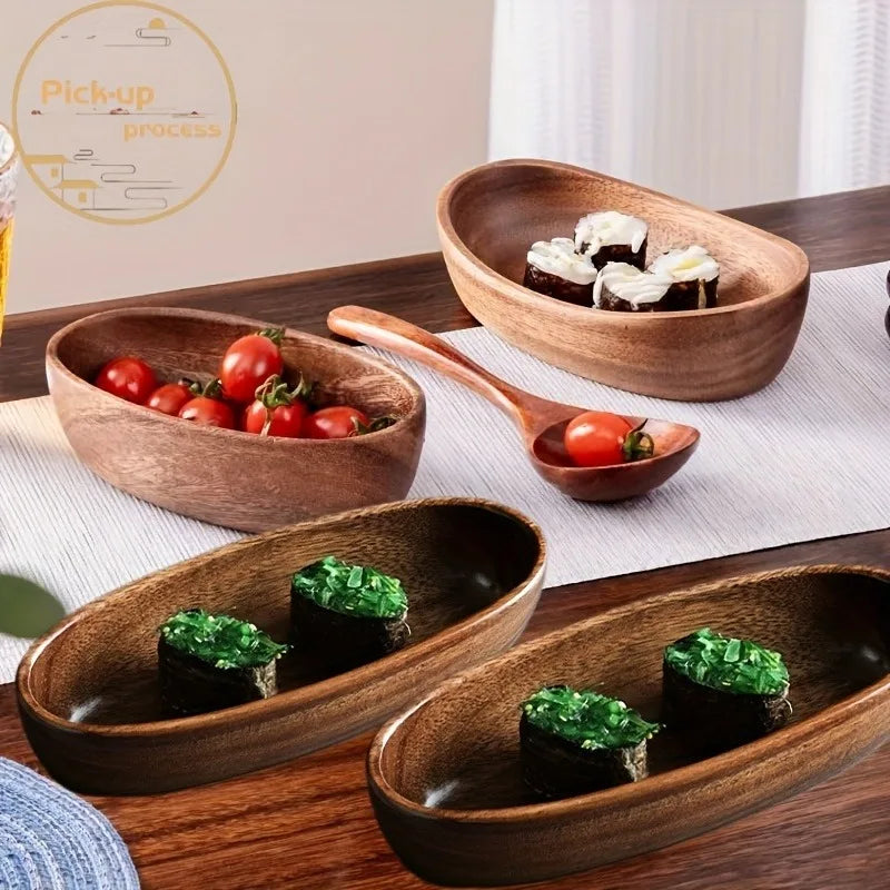 2Pcs Boat-shaped Bowl Kimchi Wooden Bowl Handmade Dessert Plate Household Vintage Wooden Tableware Fruit Salad Bowl