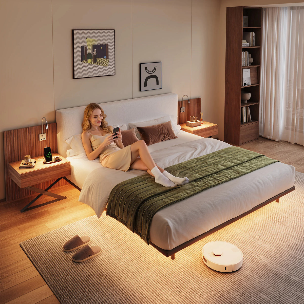 Luxury King Size Bed with Integrated Nightstands & Reading Lamps, Wide Headboard with LED Strip Lights, Modern Multifunctional Bedroom Furniture Set