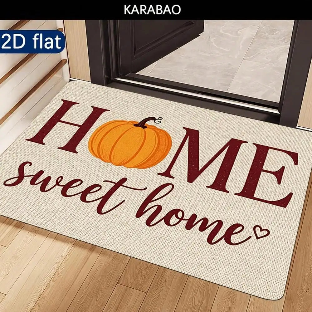 2D Flat, 1pc Autumn Pumpkin Theme "HOME Sweet Home" Cozy Doormat, Beige Fabric With Orange Pumpkins And Burgundy Lettering, Suitable For Doorway Decoration