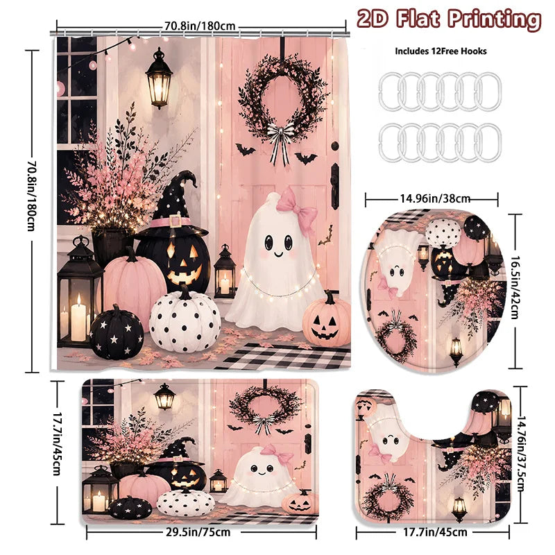 2D Flat, 4pcs 2D Flat Pink Halloween Shower Curtain Set, Cute Ghost Pumpkins Bathroom Decor, Additions with, U-Shaped, Toilet Lid Cover, Shower Curtain Includes Hooks, Spooky Season Decor, Home Decor, Bathroom Additions