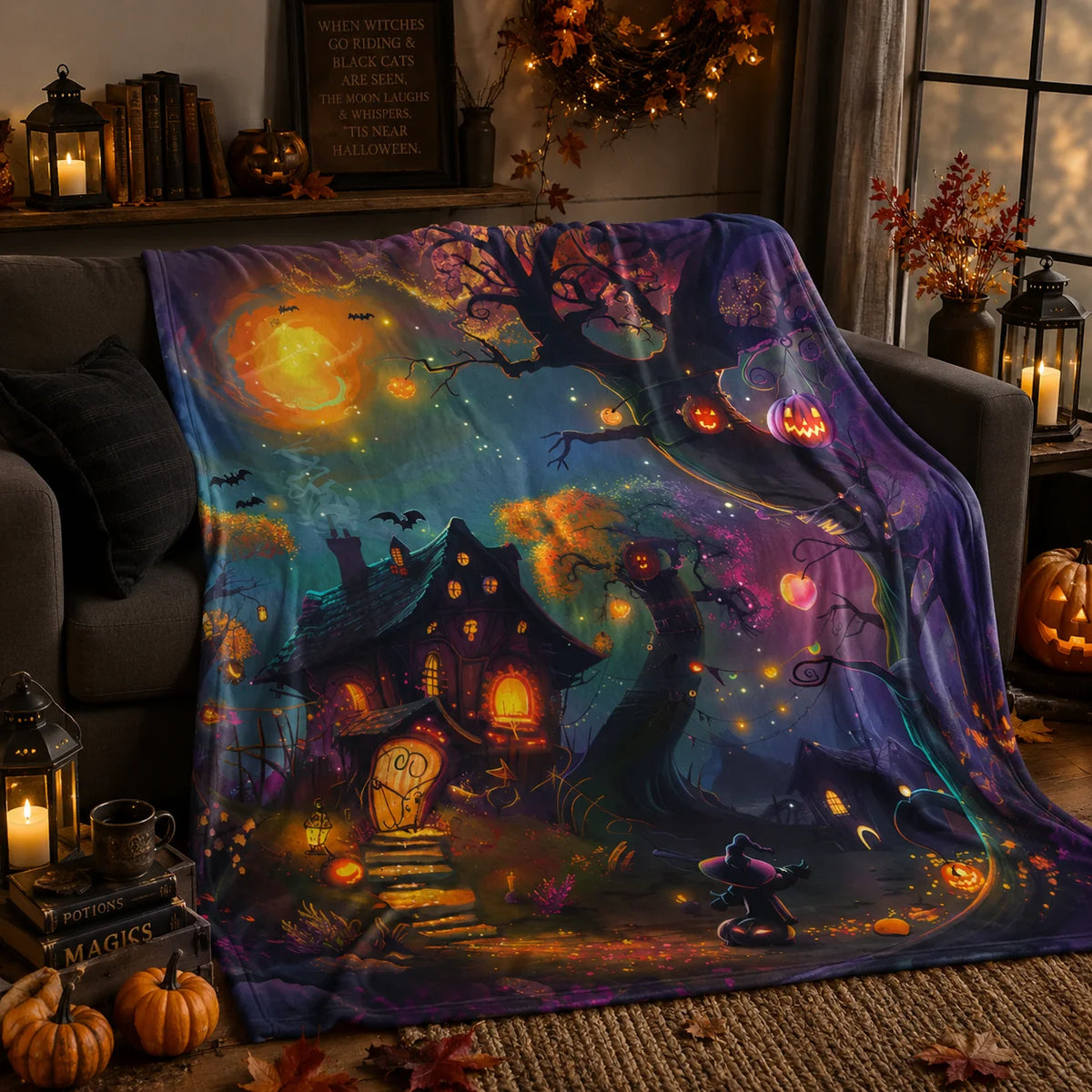 Halloween Throw Blanket - Cozy Autumn Decor with Witch and Haunted House