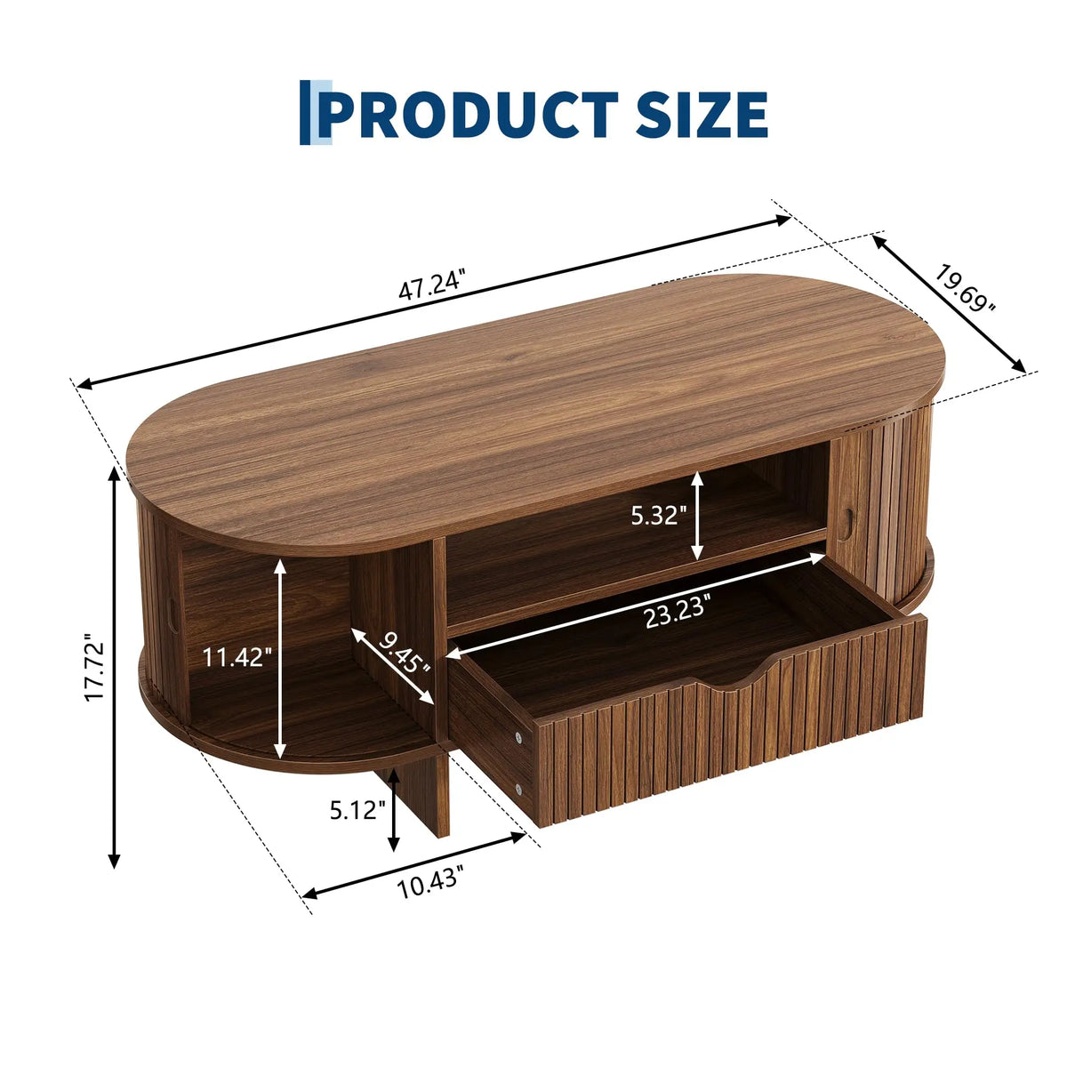 HiMISS Modern Fluted Oval Coffee Table With Storage Cabinet