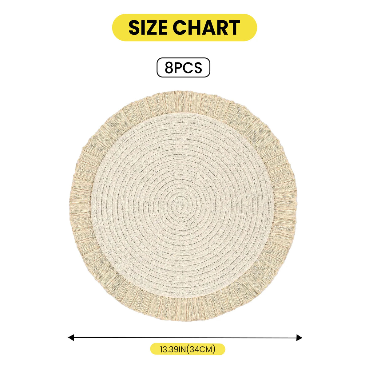 Round Cotton Rope Placemats Set of 8, 34cm Natural Boho Table Mats with Tassel, Heat Resistant Non-Slip Washable Woven Place Mats for Dining Table, Kitchen and Party