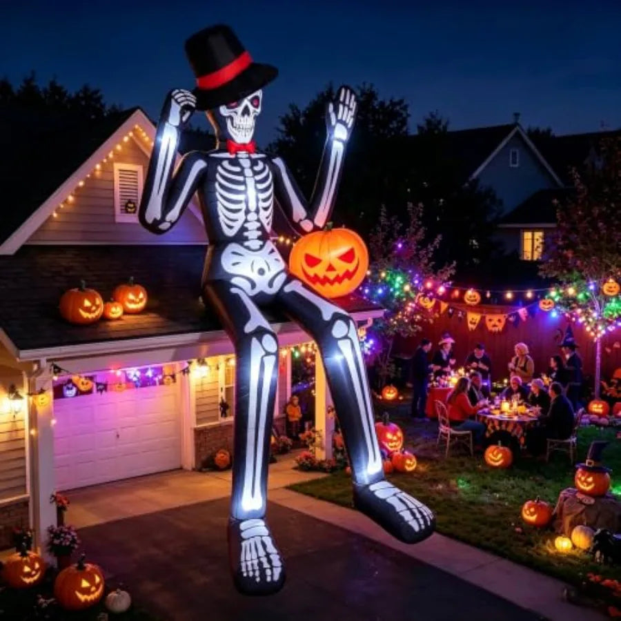 Halloween outdoor blow up decor: 12FT sitting skeleton with pumpkin, PVC material, black/white, built-in LEDs, quick inflation