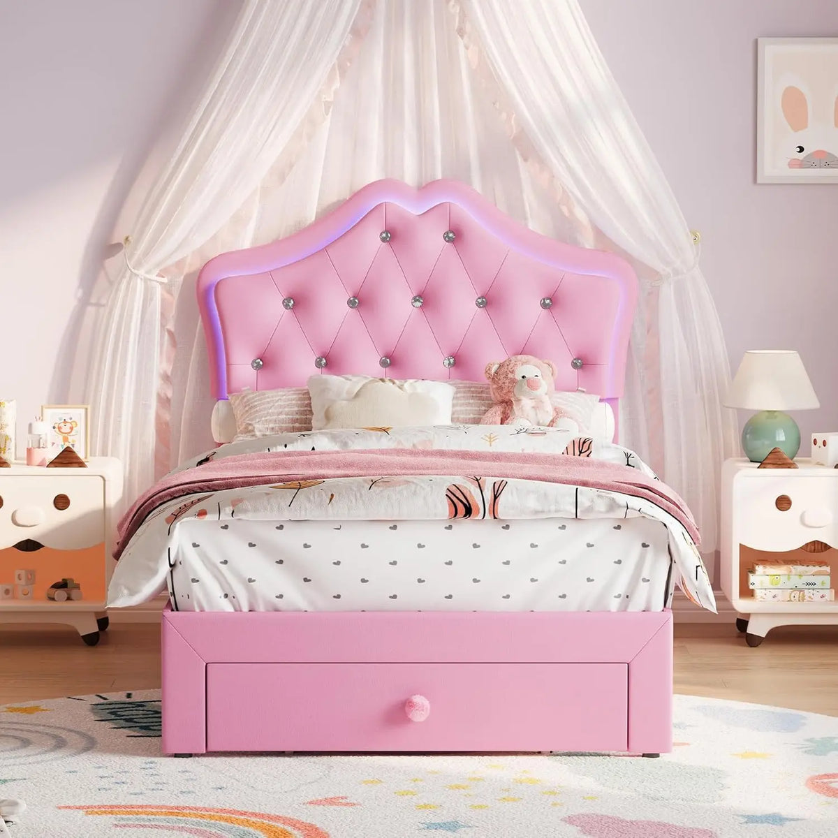 Twin XL Velvet Upholstered Platform Bed Frame With LED Headboard, Crystal Button Tufting, Storage Drawer, Noise Free, No Box Spring