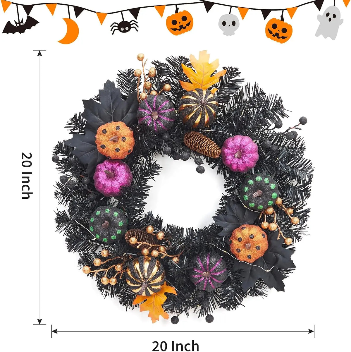 Tacleekii Halloween Pumpkin Wreath 20 Inch Pre Lit Wreath with LED Lights Maple Leaves and Berries Halloween Front Door Hanging Decor