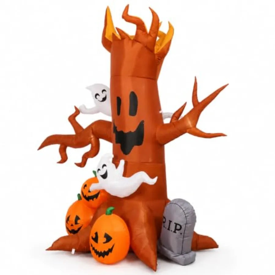 8FT Halloween inflatable ghost tree decoration with pumpkins and tombstone for outdoor lawn garden use, polyester material, whi