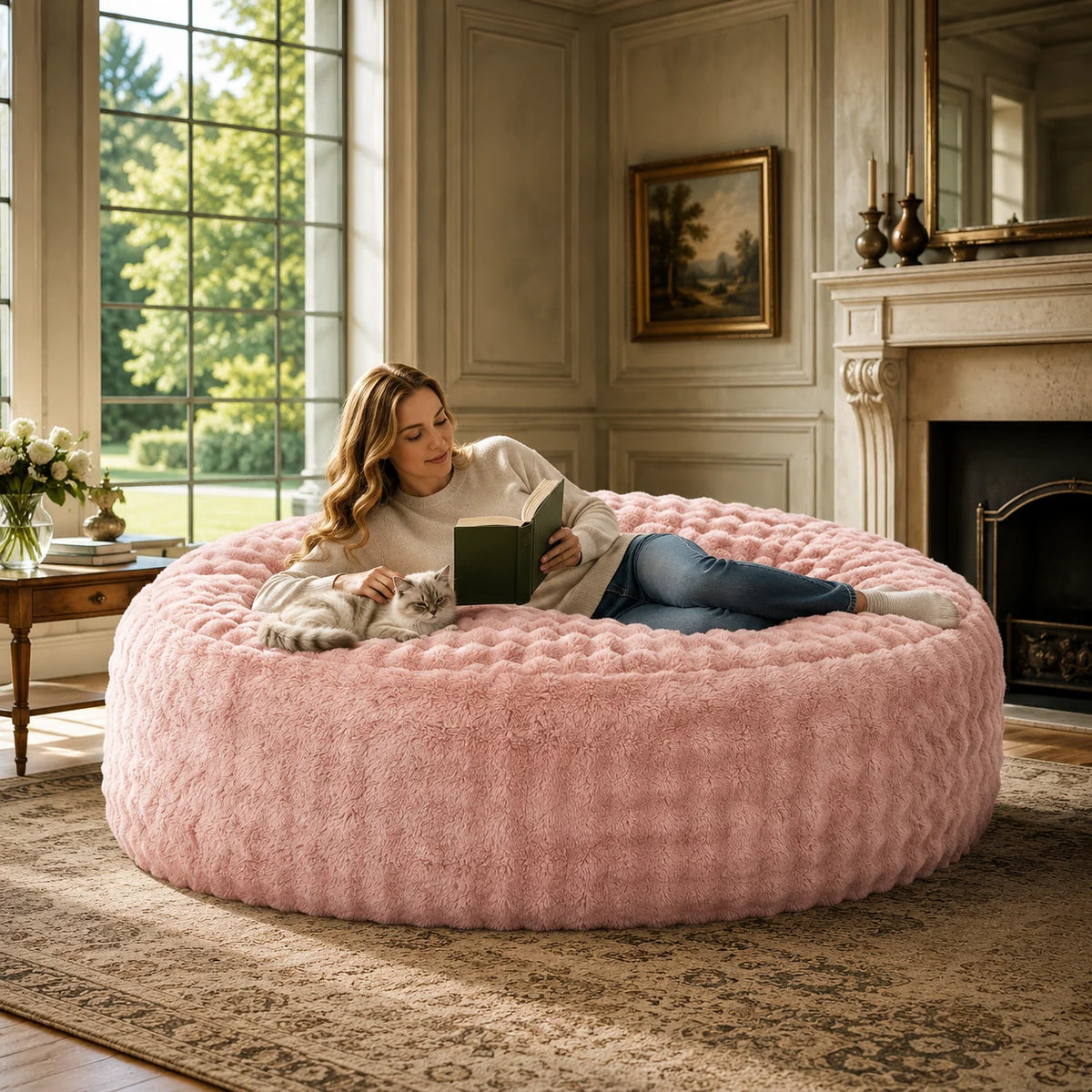 6FT Oversized Fluffy Faux Rabbit Fur Bean Bag Chair with High Density Sponge Filling, No Assembly Compressed Floor Sofa, Non-Slip Base Giant Round Lazy Couch for Adults