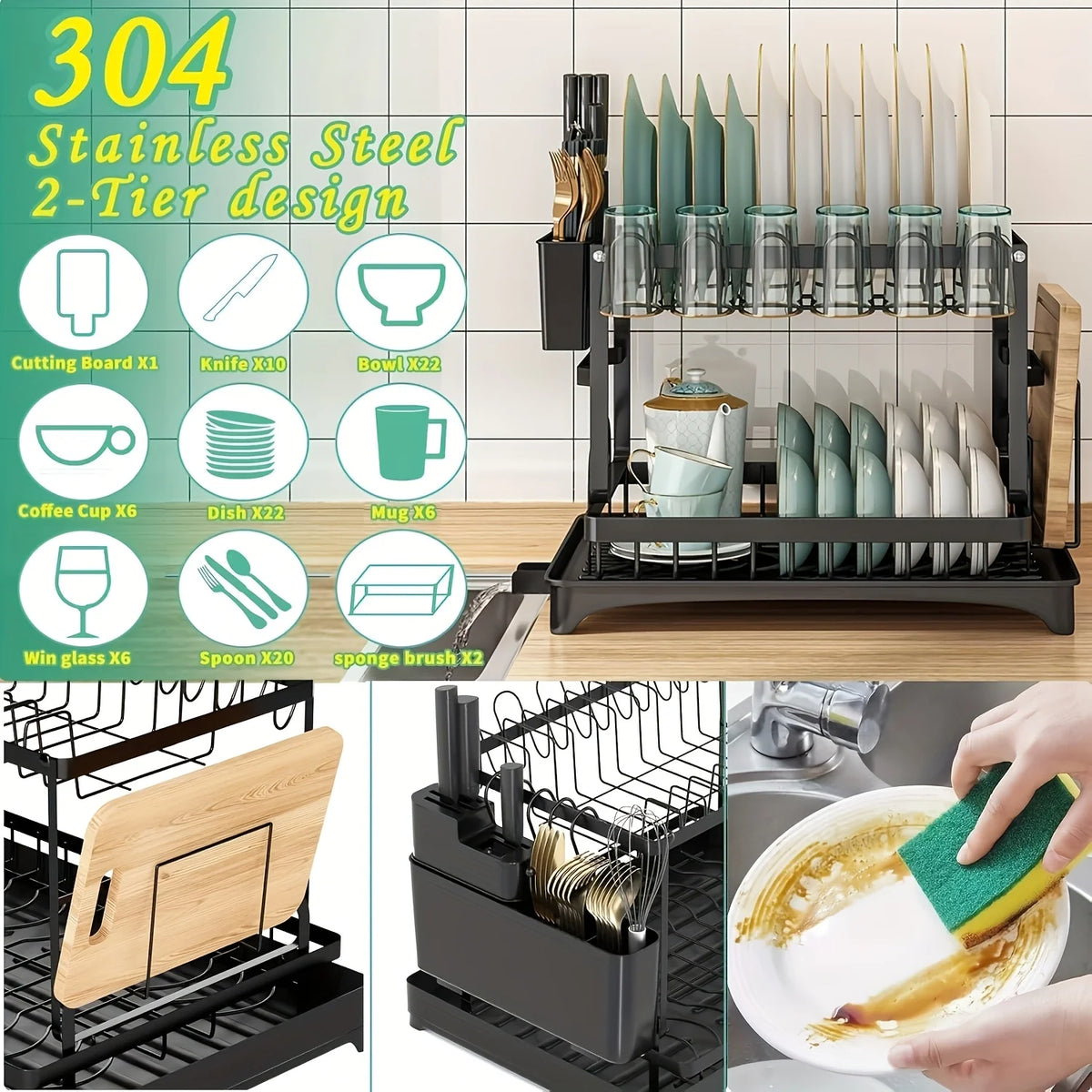 Large-Capacity Double-Layer Kitchen Storage Rack-Metal Dishes with Drainage Function and Tableware Stand, Suitable for Bowls, Cups, Cutting Boards-No Assembly Required