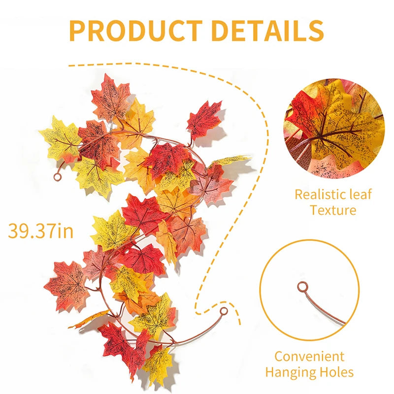 1/2Pcs Fall Artificial Maple Leaves Vine Hanging Rattan Wreath for Thanksgiving Halloween Day Decoration Home Room Decor Garland