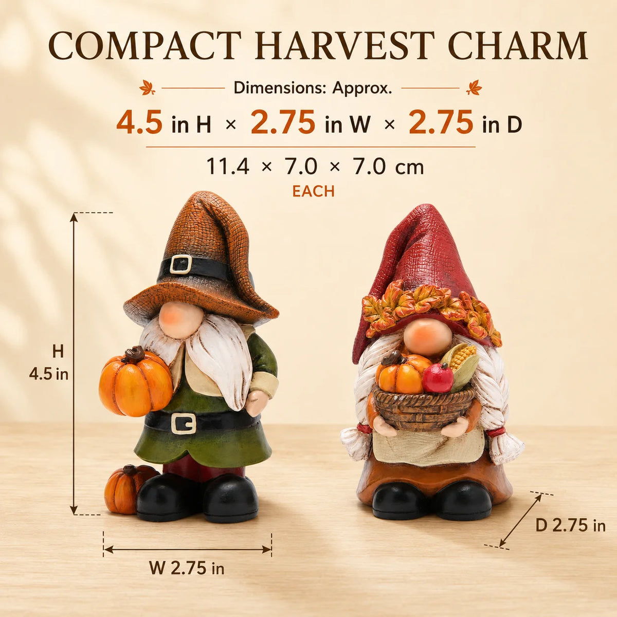 Hodao Resin Fall Gnome Figurine Set, 2-Piece Thanksgiving Gnome Figure Model with Pumpkin, Harvest Basket, Autumn Leaves and White Beard, Collectible Tabletop Shelf Sitter Decor for Fireplace Mantel Tiered Tray Home Display,