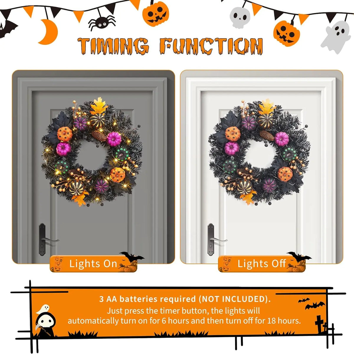 Tacleekii Halloween Pumpkin Wreath 20 Inch Pre Lit Wreath with LED Lights Maple Leaves and Berries Halloween Front Door Hanging Decor