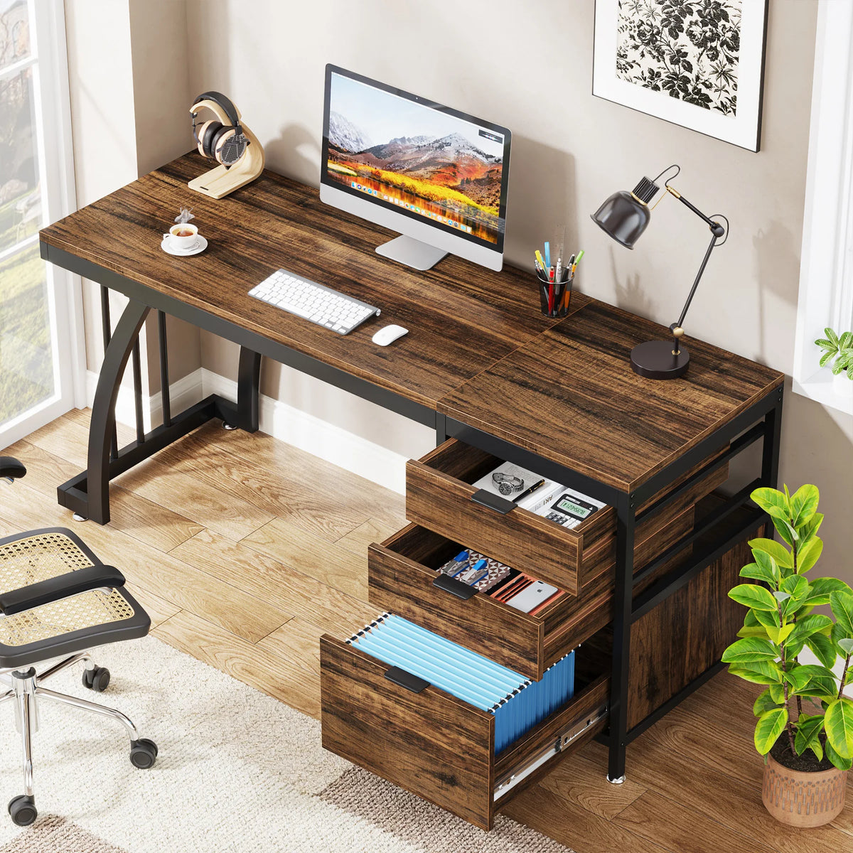Tribesigns Industrial Computer Desk With Three Drawers And Shelf