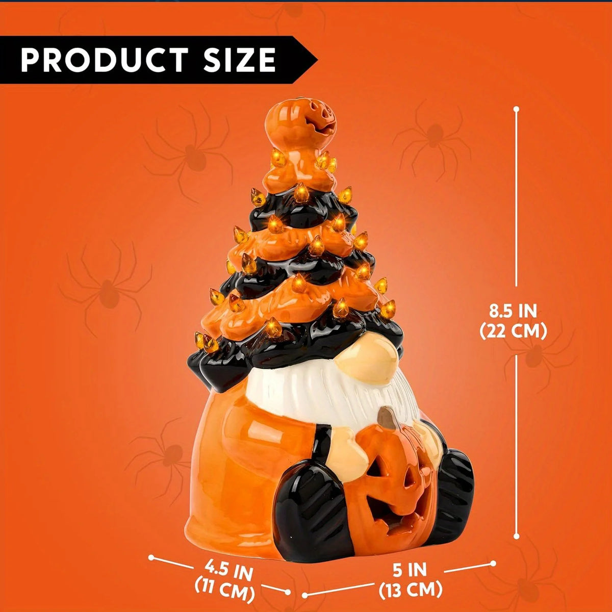 8.5inch Pumpkin Gnome Ceramic Tree Halloween Decoration with Build-in LEDs Tabletop Decor for Halloween Indoor Party Supplies Decoration, Battery Operated, Home Party Decors