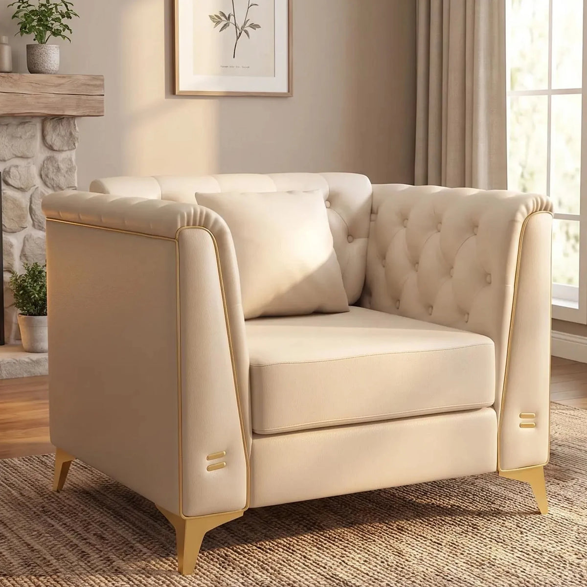 40.1" Light Luxury 1-Seater Chesterfield Style Sofa Faux Leather Upholstered Single Sofa Chair Armchair with Handmade Button Tufted Backrest Metal Trim Armrests & Slim Metal Legs Comfortable Thick Seat Cushion Accent Furnitur