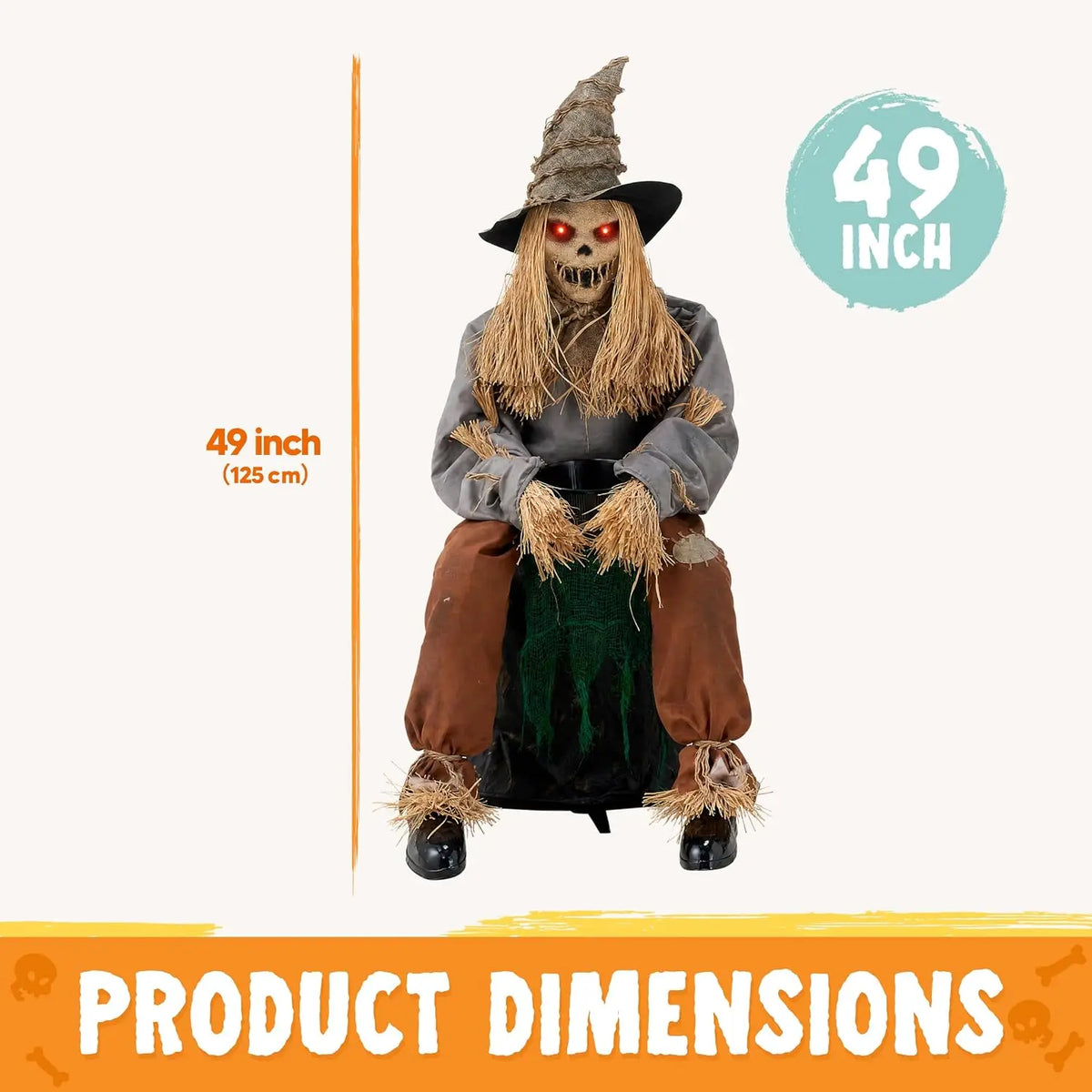 49" Halloween Animatronic Sitting Scarecrow, Halloween Decorations Outdoor Sound Activated Jump Scare Prop with LED Eyes, Spooky Sounds, Scary Haunted House Props for Garden Yard Lawn
