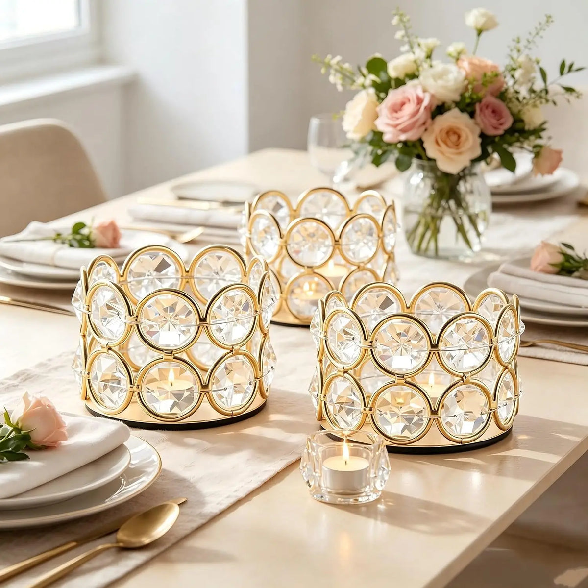 24 Pcs Crystal Gold Votive Candle Holders Set, Elegant Tealight Candle Holders for Wedding Centerpieces, Table Decor, Christmas Party Favors, Bulk Glass Tea Light Holders for Home