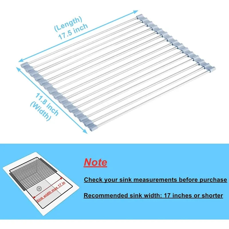 Roll Up Dish Drying Rack, Over the Sink Dish Drying Rack Kitchen Rolling Dish Drainer, Foldable Sink Rack Mat Stainless Steel Wire Dish Drying Rack for Kitchen Sink Counter Storage 17.5x11.8
