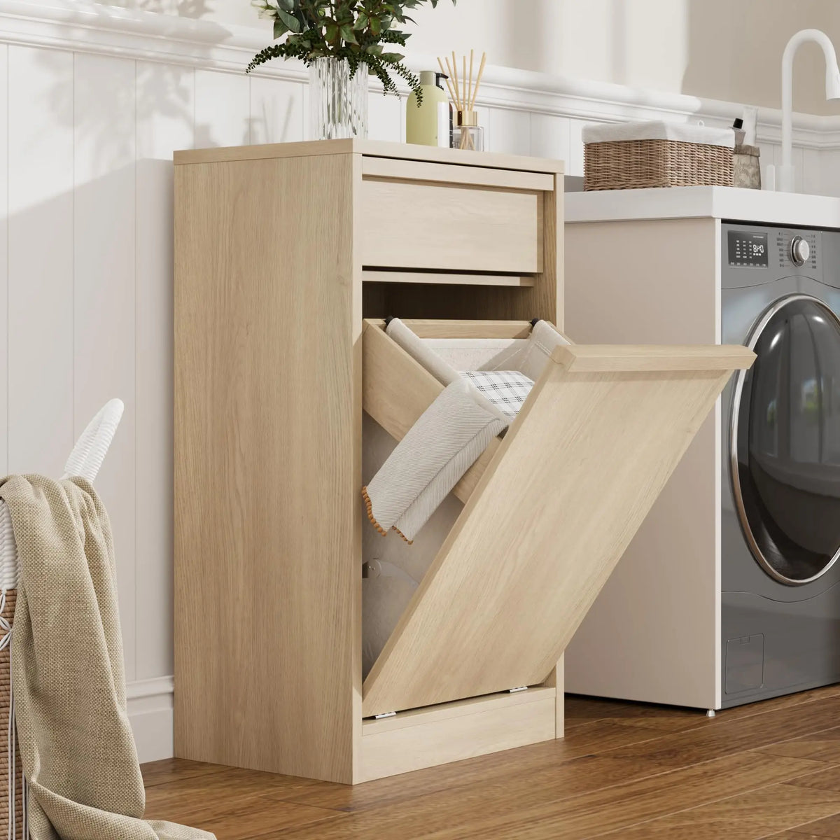 HiMISS Farmhouse Tilt Out Laundry Hamper Cabinet With Drawer
