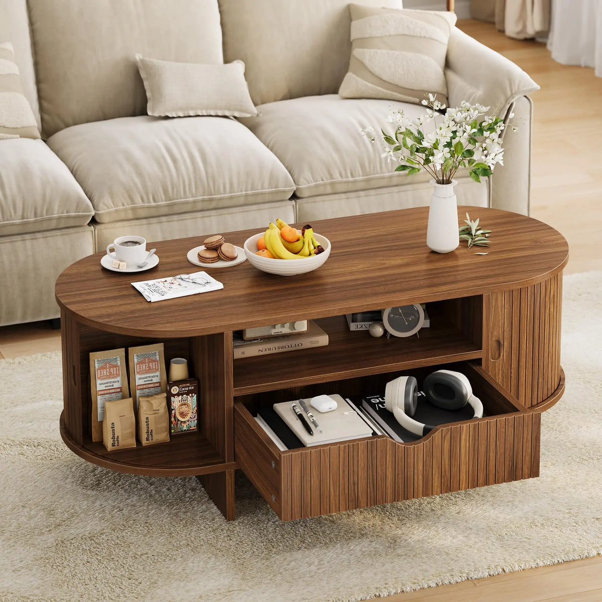 HiMISS Modern Fluted Oval Coffee Table With Storage Cabinet