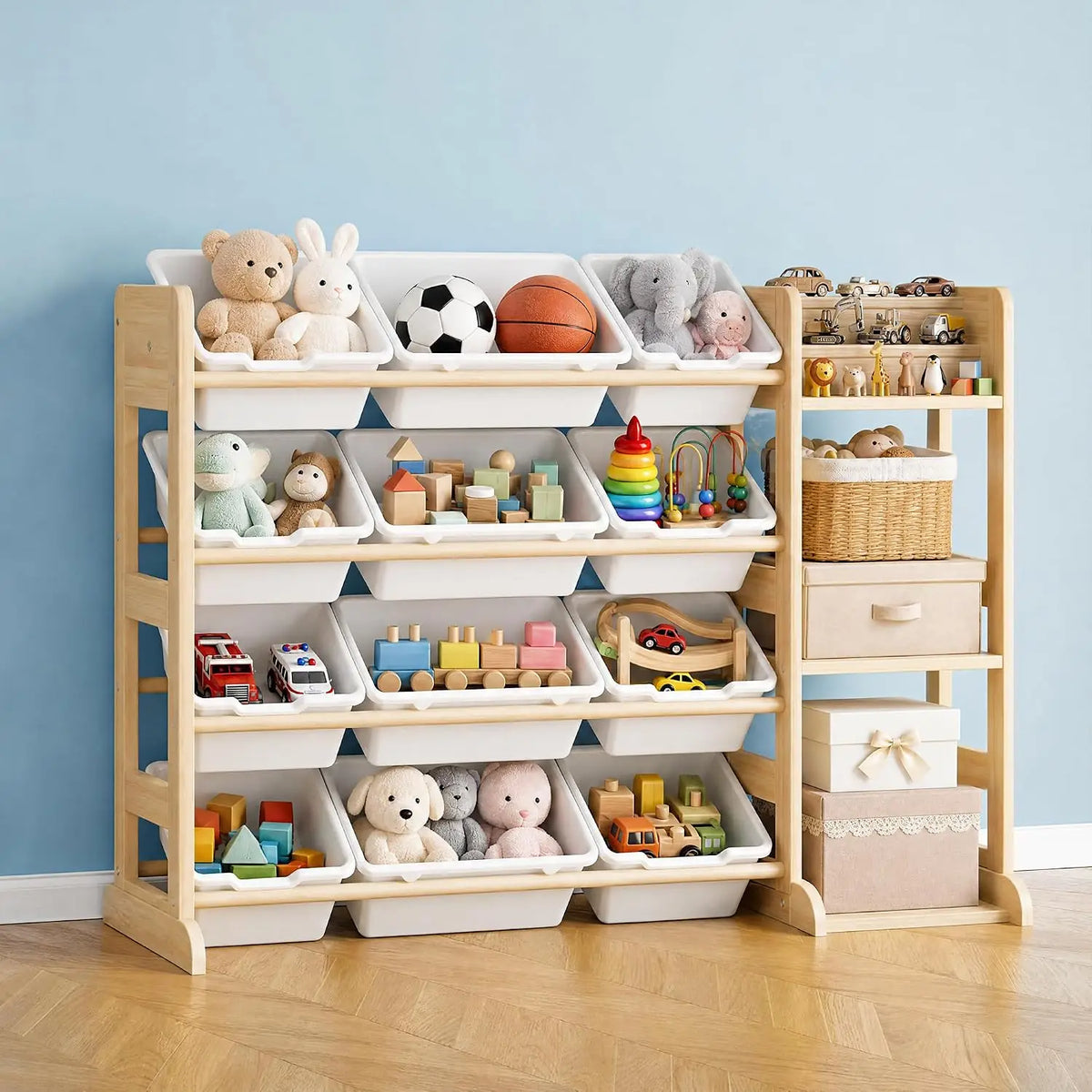 Tacleekii 42" 52" Wide Kids Toy Storage Organizer with 12 Bins & 3 Open Shelves Solid Wood Bookshelf Cabinet Storage Unit for Playroom Bedroom Living Room