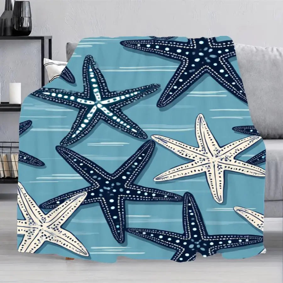 1pc Cooling Blanket with Nautical Starfish Pattern, Soft Flannel Plush Throw, Cozy Large Fluffy Comforter for Coastal Decor, 280GM Perfect as Home Decoration & Holiday Gift Choice.