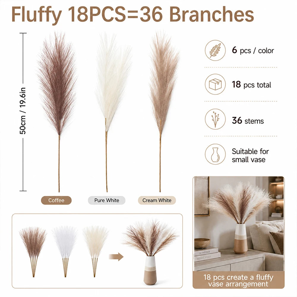 19 Inch 18pcs Artificial Pampas Grass Decor,Coffee Beige Brown Faux Pampas Fluffy for Boho Decor Home Bedroom Living  Room Wedding Decoration, Vase Filler Autumn Flower Arrangement