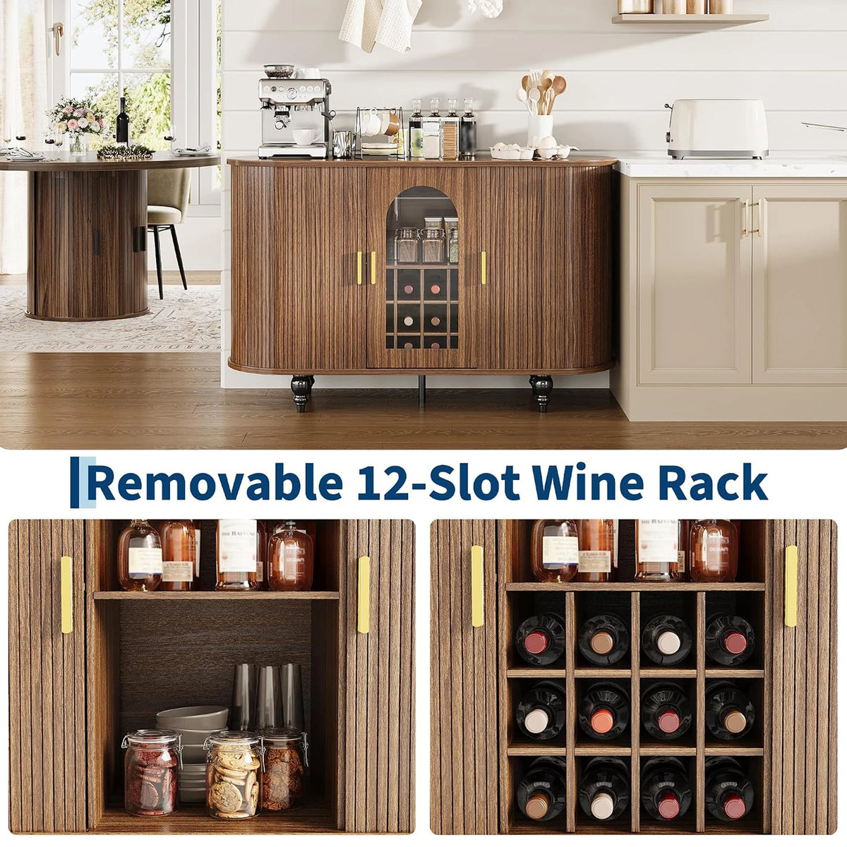 55in Mid Century Modern Bar Cabinet, Glass Doors, Sliding Door, Wine Rack & Glass Holder, Buffet Sideboard, Kitchen, Living Room