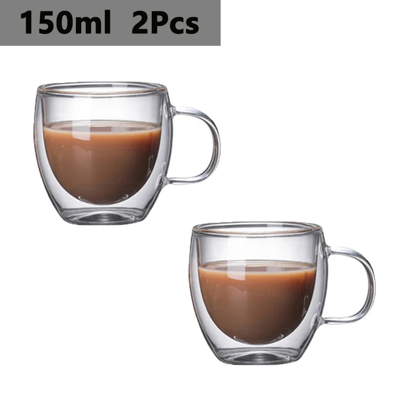 150/250/350/450ml Heat‑Resistant Double‑Wall Transparent Glass Mug For Coffee Tea Milk Whiskey Wine Cold‑Beverage Household Drinkware