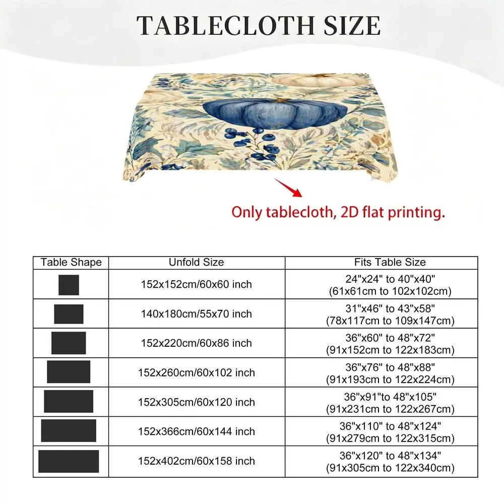 Stylized Blue Pumpkin Tablecloth - Cream Background with Leafy Foliage Print, Rectangular Polyester Dining Decor for Autumn Harvest, Indoor Kitchen And Party Use