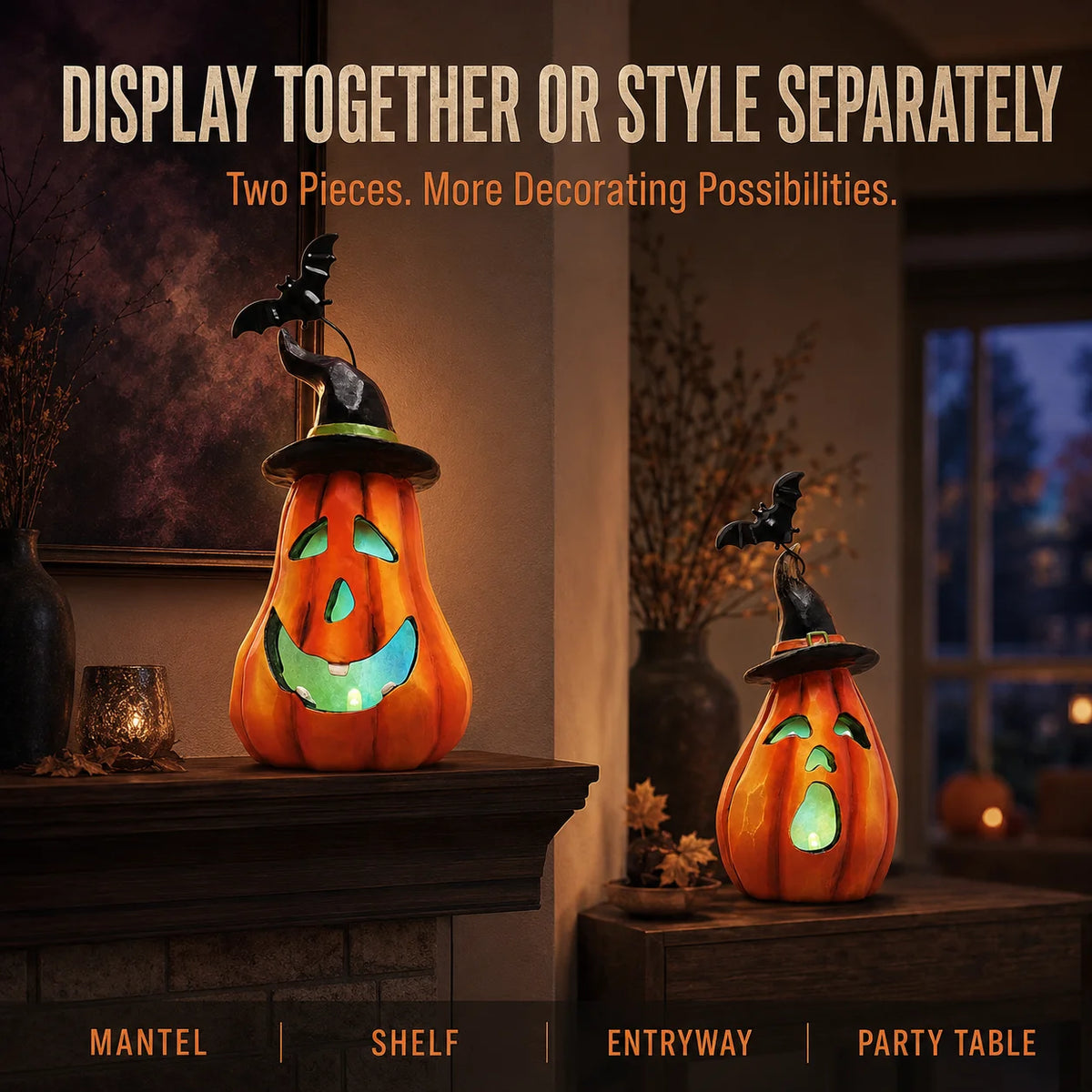 Hodao Resin Halloween Pumpkin Figurine Set, 2-Piece LED Light Up Jack-o'-Lantern Decor with Witch Hat & Black Bat Accents, Spooky Glowing Tabletop Figure Model for Shelf Mantel Display, Collectible Fall Seasonal Home Decorati