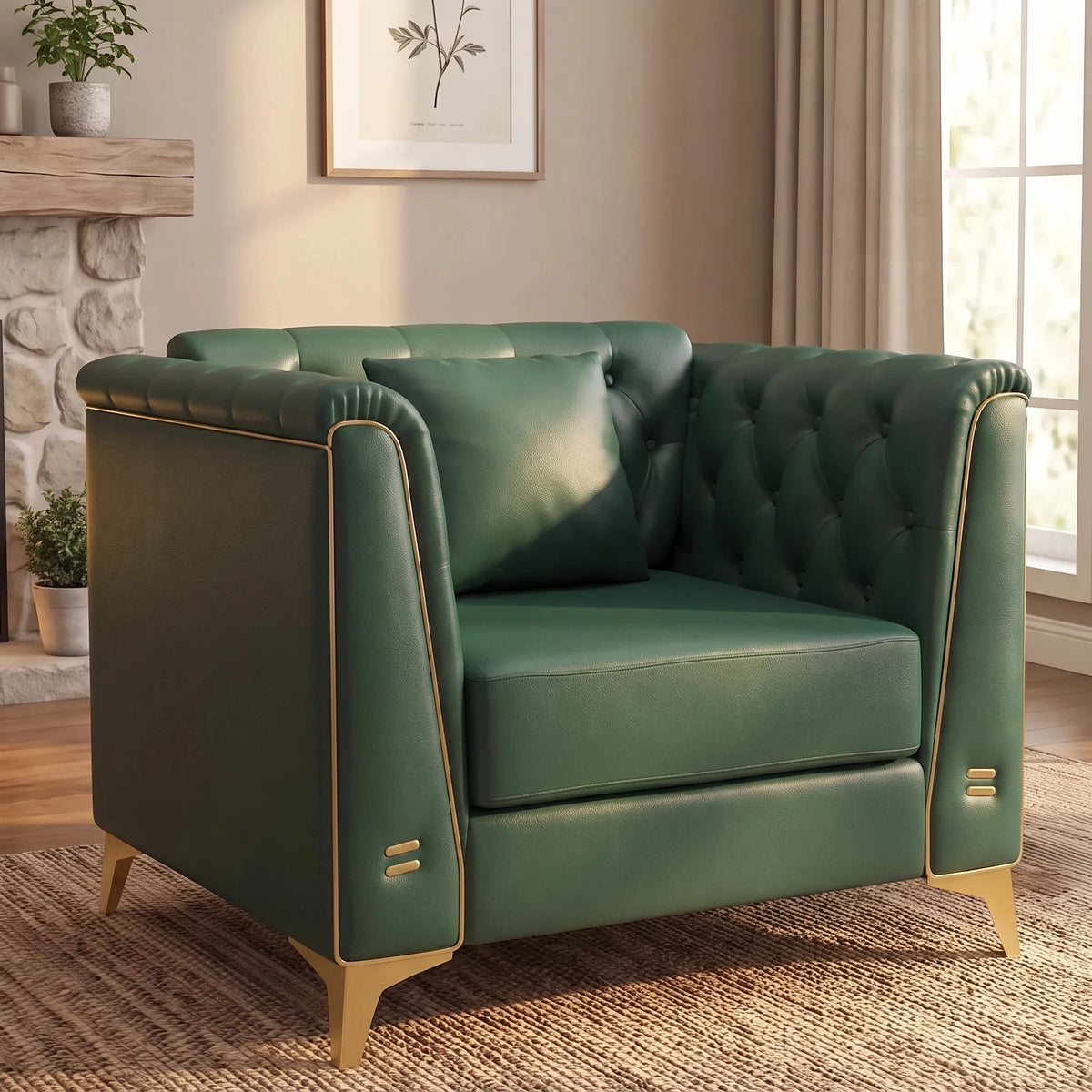 40.1" Light Luxury 1-Seater Chesterfield Style Sofa Faux Leather Upholstered Single Sofa Chair Armchair with Handmade Button Tufted Backrest Metal Trim Armrests & Slim Metal Legs Comfortable Thick Seat Cushion Accent Furnitur