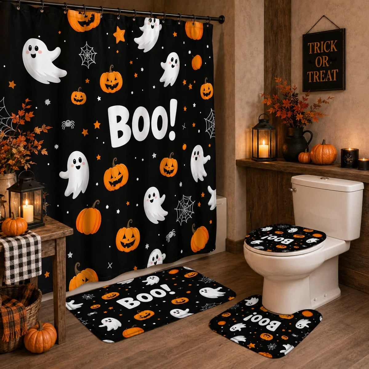 4pcs Halloween Boo Pumpkin Lantern Ghost Shower Curtain Set, Halloween Decor Bathroom Curtain Set with 12 Hooks Included Non-Slip Bathroom, Toilet U-Shaped, Toilet Lid Cover, Bathroom Additions Halloween Gift