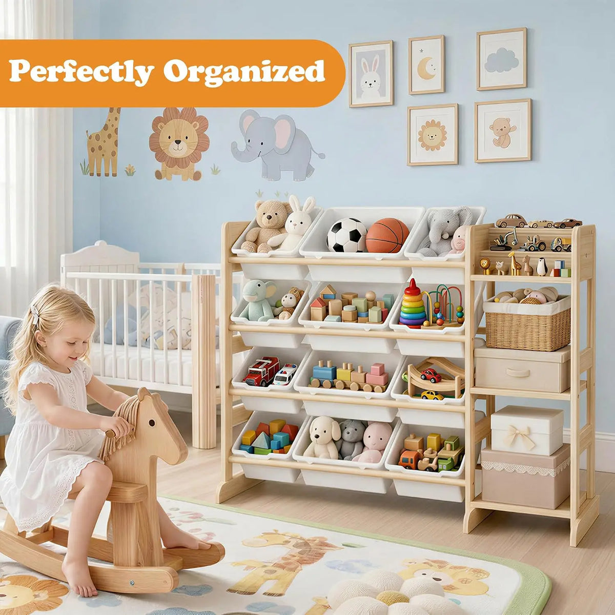 Tacleekii 42" 52" Wide Kids Toy Storage Organizer with 12 Bins & 3 Open Shelves Solid Wood Bookshelf Cabinet Storage Unit for Playroom Bedroom Living Room