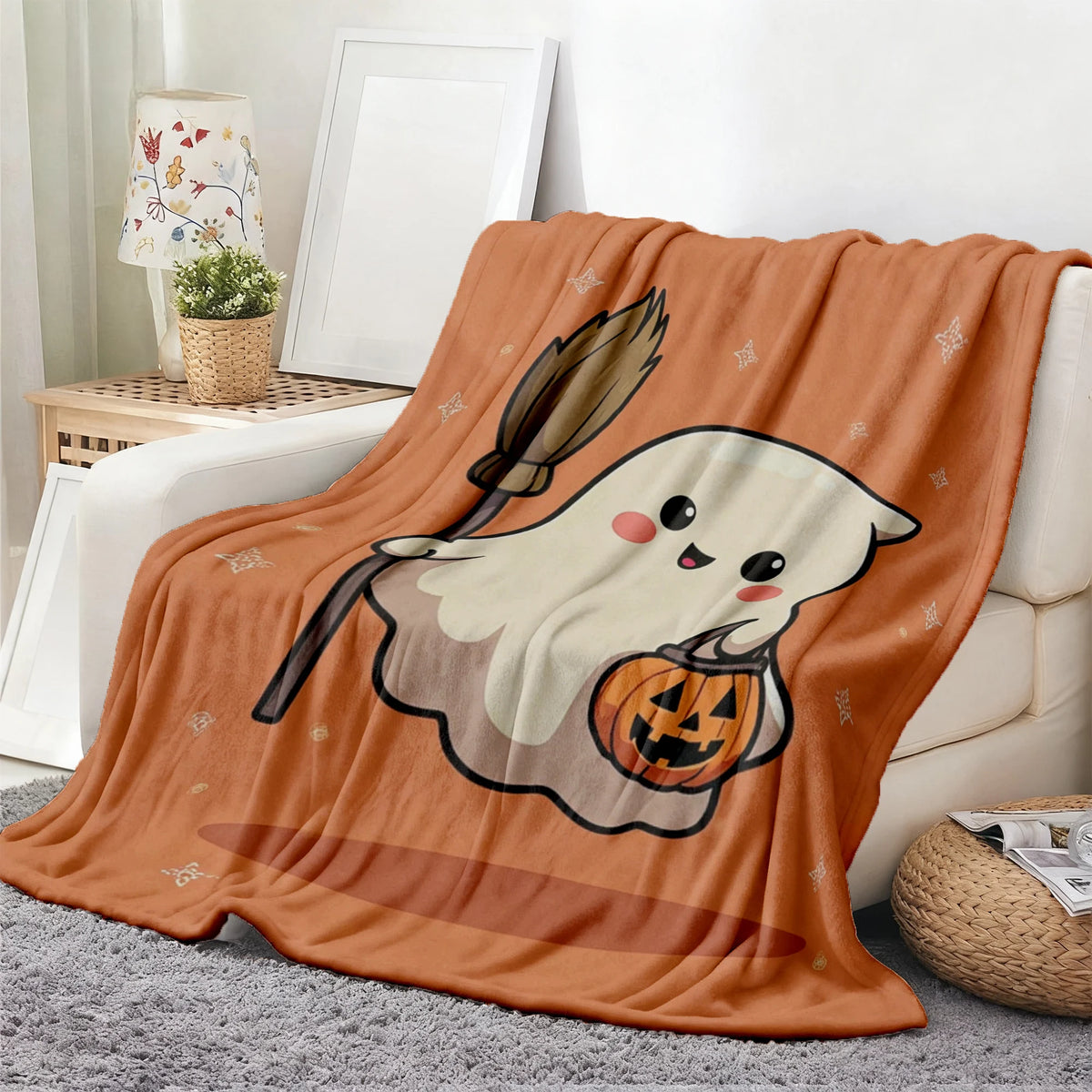 Cute & Jack-o'-Lantern Flannel Throw Blanket - Soft Warm Suitable for - Bedspread with Orange Starry Background, Machine Washable Cozy Bedding Accent for, Room, Couch - for Autumn Nights and Gifts