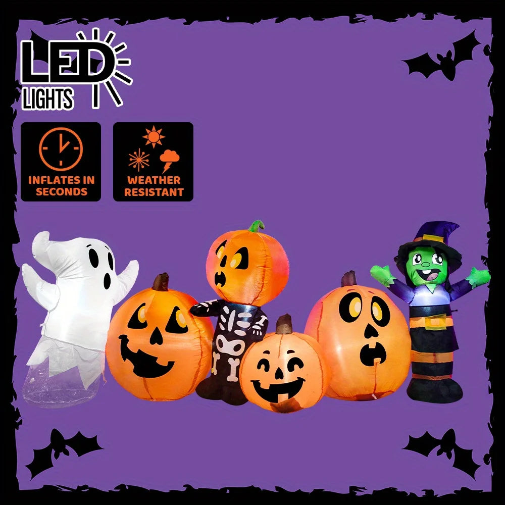 Halloween Inflatable 8 ft Long Three Halloween Characters and Pumpkin Patch Blow Up Inflatables with Build-in LEDs for Party Indoor Outdoor Yard Lawn Garden Decorations