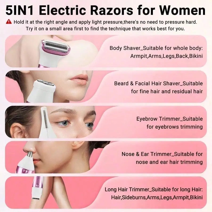 5-In-1 Rechargeable Cordless Electric Shaver For Women - Trimmer For Face, Nose, Eyebrows, Arms, Underarms, And Legs