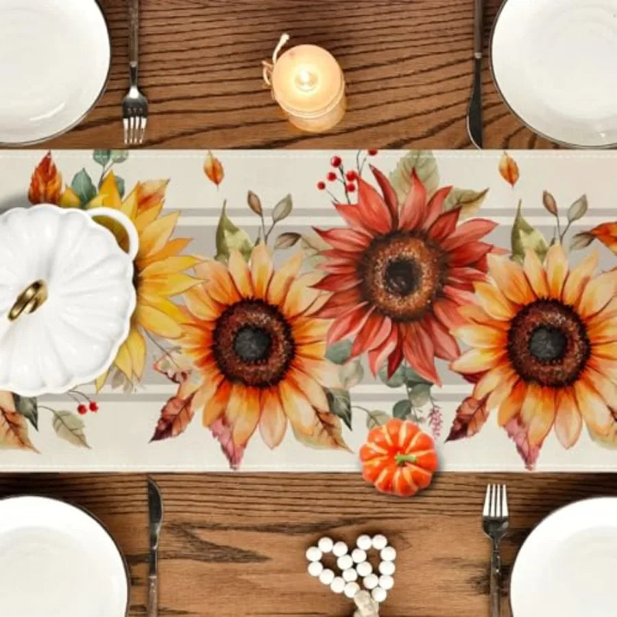 Sunflower Maple Leaves Fall Table Runner, Seasonal Autumn Kitchen Dining Table Holiday Thanksgiving Fall Decorations for Home P