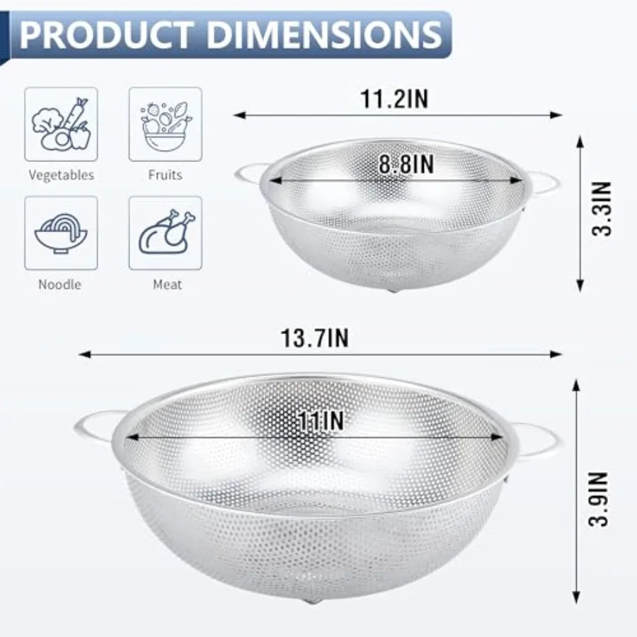 Colander Stainless Steel 3-Quart, Metal Strainer with Base, Strainer for Kitchen Food, Dishwasher Safe