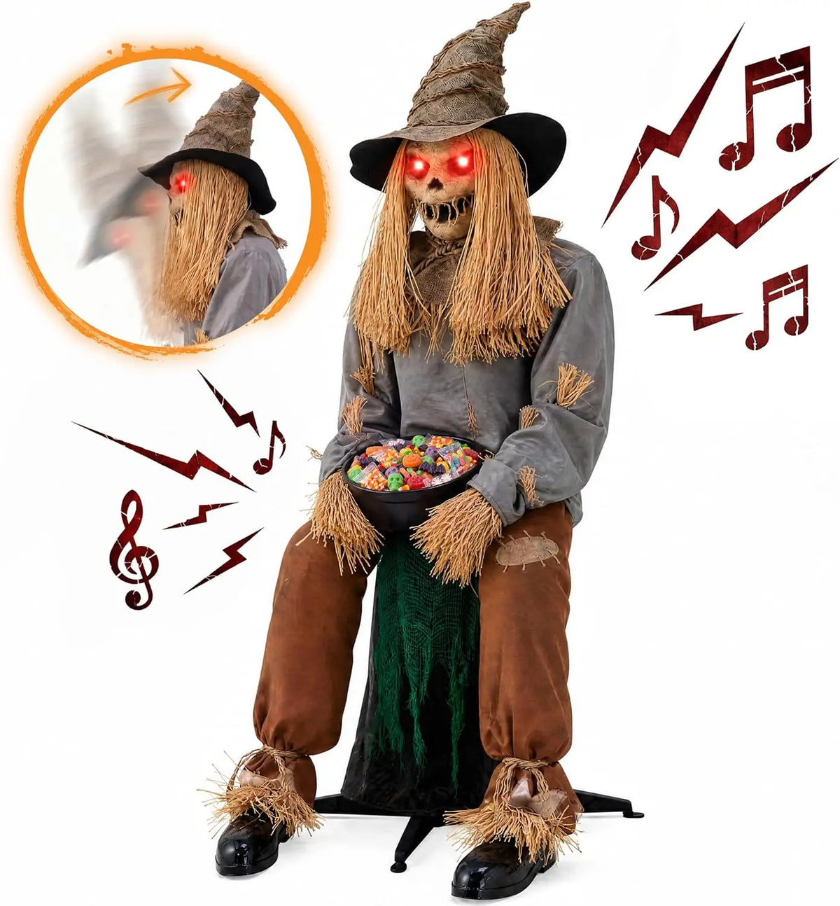 49" Halloween Animatronic Sitting Scarecrow, Halloween Decorations Outdoor Sound Activated Jump Scare Prop with LED Eyes, Spooky Sounds, Scary Haunted House Props for Garden Yard Lawn