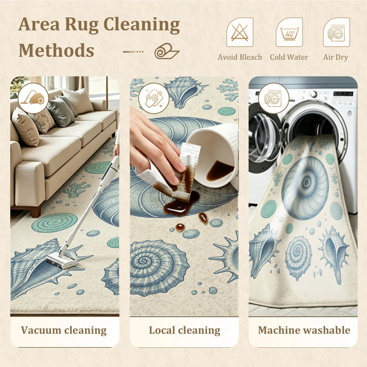 Coastal Seashell Nautilus Coral Pattern Velvet Area Rug, Machine Washable Soft Floor Mat for Living Room Bedroom Dining Room Entryway, Perfect for Halloween Thanksgiving Christmas New Year Home Decor