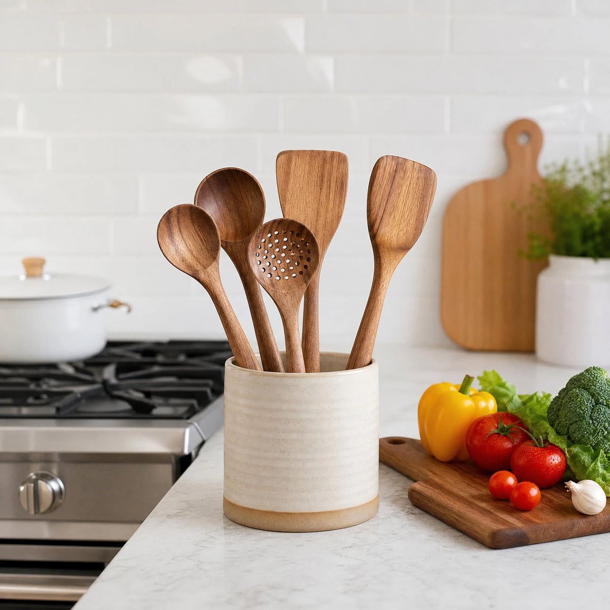 5-Piece Wooden Kitchen Utensils Set, Natural Wood Cooking Spoons and Spatulas, Heat Resistant Non-Stick Cookware Safe for Home Restaurant Kitchen